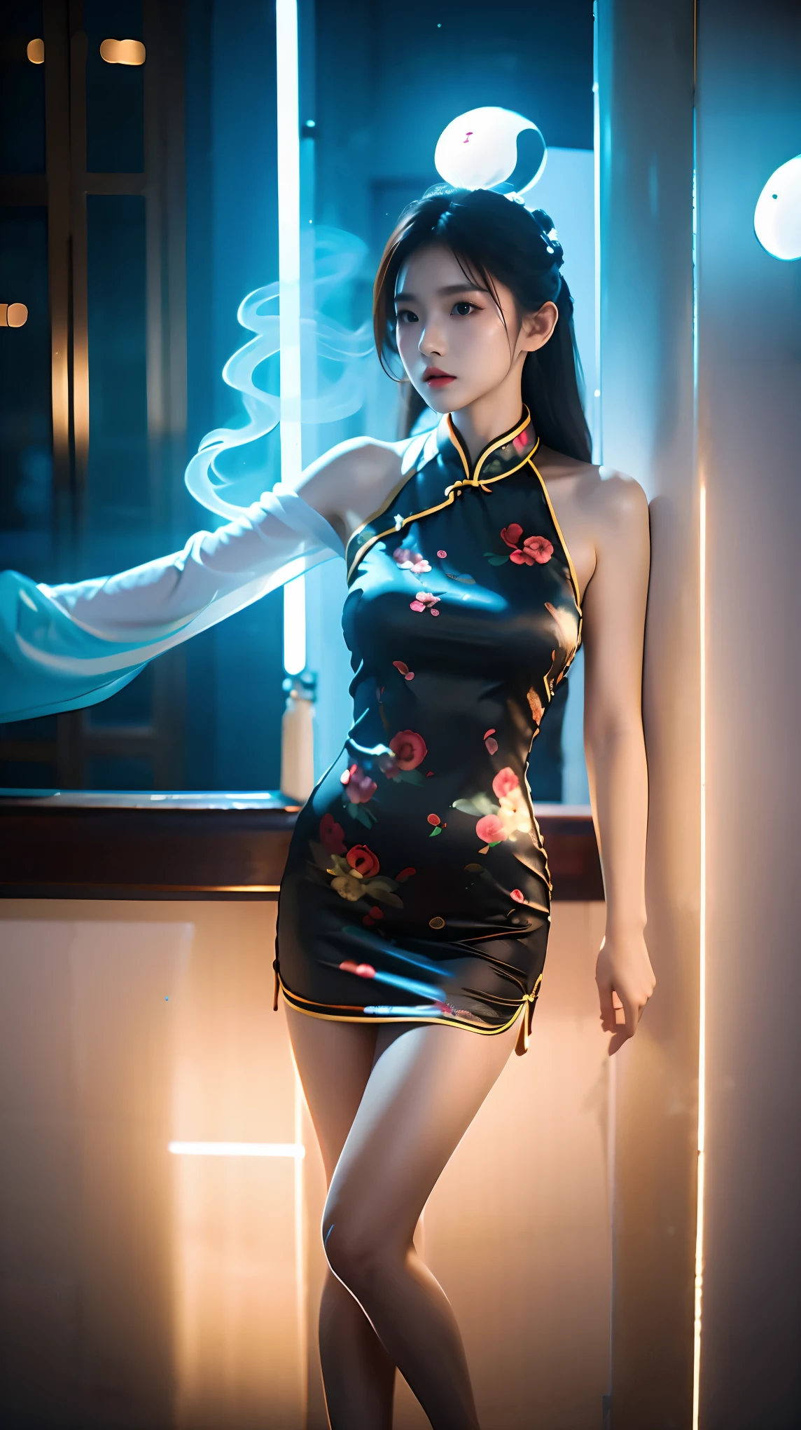 Best quality，masterpiece，16K，A girl，Wearing a black cheongsam，Leaning against the wall，Film quality，smoke，Neon，Luminescence，Multiple light sources，High light-dark contrast，night