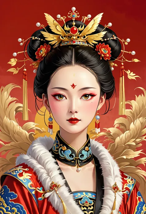 a painting：phoenix coronet：1.37.solemn girl portrait，symmetry，round face，bright eyes，smooth skin，red peony headdress，elegant and...