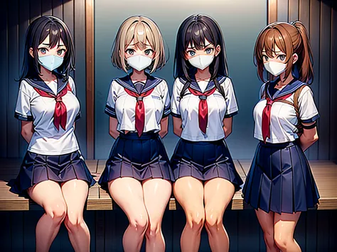 Ticker, ((4 high school girls)), ((Cross-legged)), ((Locked in a warehouse)), ((Four women)), (Highly detailed CG Unity 8k), (Hi...