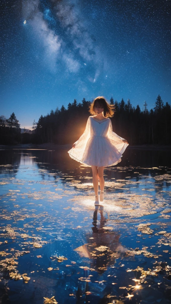 Impresión en linóleo de un adolescente reflejado en el agua bajo un cielo estrellado，meteor，Dinámico，Vistoso，textura，Patrón