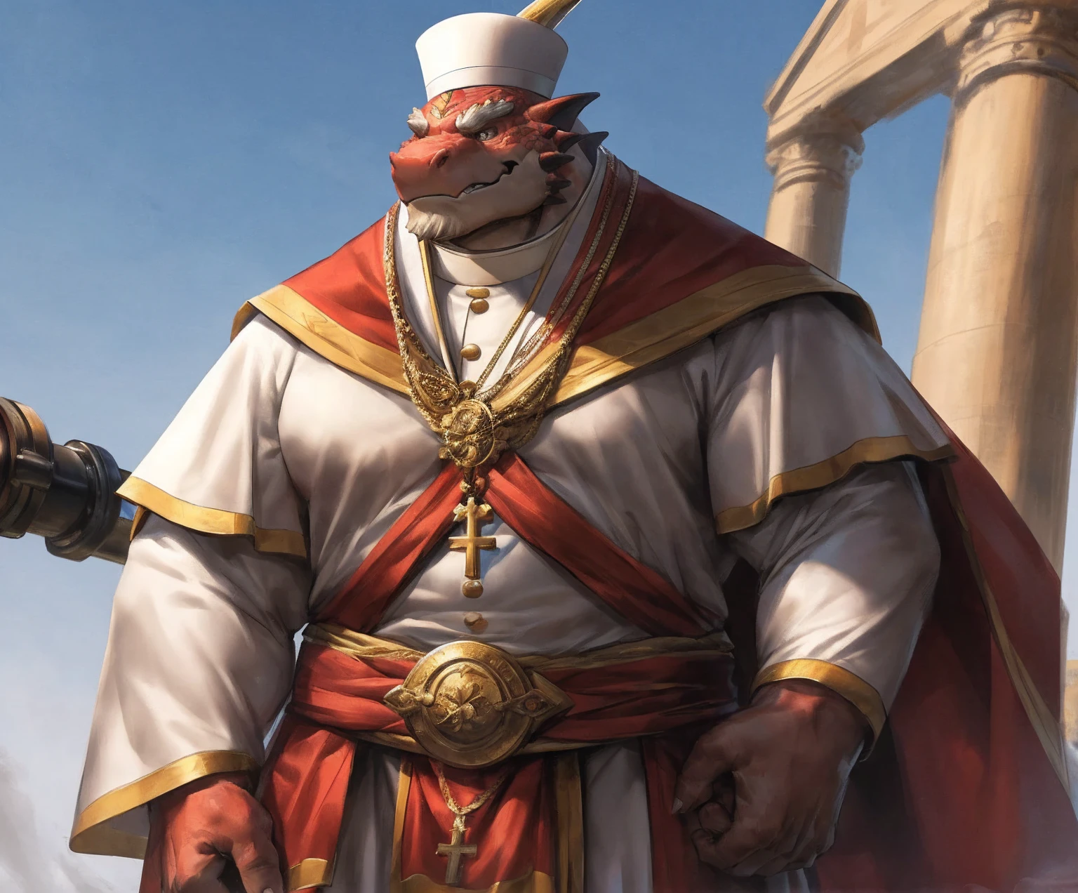 human nature, cannon, male, solitary, ((the strong，Handsome)), (dragon),((Traditional Catholic Pope outfit，No hat))， standing，((Traditional Catholic style))，Hand in hand cross，high quality, (4K,high quality, high resolution, masterpiece), Front view (close up), cartoon,by lindong