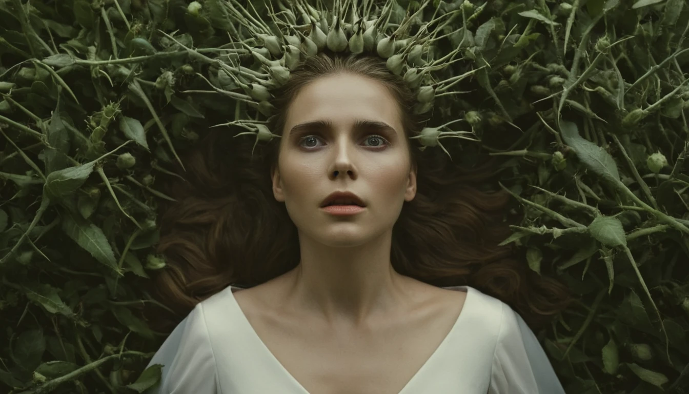 filme cinematográfico ainda,de cima,justaposição of a eerie épico photo of a woman3 wearing white dress with her eyes opened covered in hair and thorns,Sozinho,Olhar perdido, leve sorriso,sem humanos,plantar,estética (tema) justaposição,artístico,fotografia,Luz dramática,luz de sombra dramática,contraste,cor saturada,cinematic,cinematográfico,fotográfico,realista,Realismo,perfeitoion,perfeito,Justaposto,oposto,coisas diferentes,lado a lado,sincretismo,antítese, criativo, photoRealismo, hyperRealismo, Fine art fotografia style, Fine art cinematic fotografia style, profundidade superficial de campo, vinheta, Altamente detalhado, alto orçamento, Bokeh, cinemascópio, temperamental, épico, maravilhoso, grão de filme, granulado