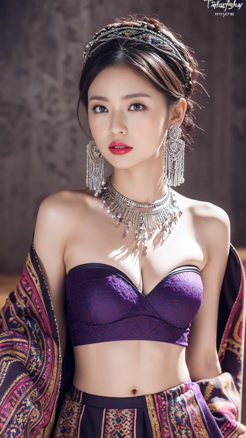 ((Realistic lighting, masterpiece: 1.3)), (RAW Photos:1.2), Hyperrealistic portrait of gorgeous beautiful tribal Chinese woman, Mature Woman, 30 years old, Mature Woman, Beautiful Face, beautifully、Attractive eyes with great attention to detail, (Beautiful natural breasts: 1.1), ((Tribal dark purple strapless top: 1.1), (Sexy Tribal Dark Purple Skirt), (Tribal Cloak), Tribal hijab), tribal loincloth, tribal jewelry, tribal palace background, legendary style, Magnificent style, whole body, Are standing, Professional photography, Font View, Highly detailed face, (Red lips, Subtle makeup: 1.2), Highest quality, 8K, Colorful style