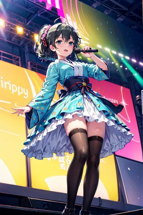 yukino, yukino yukinoshita, black hair, blue eyes, long hair, ahoge,happy smile, smile, open your mouth,アイドル歌手がライブstageで熱狂的に歌うシー...