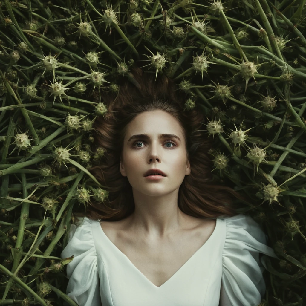 電影 film still,从上面,并置 of a eerie 史诗 photo of a woman3 wearing white dress with her eyes opened covered in hair and thorns,独自的,迷失的目光, 微微一笑,没有人类,植物,审美的 (主题) 并置,艺术的,摄影,戏剧性的灯光,戏剧性的阴影光,对比,饱和色,電影,电影的,摄影,实际的,现实主义,完美的ion,完美的,并列,对面的,不同的东西,并排,合一,对立, 有创造力的, photo现实主义, hyper现实主义, Fine art 摄影 style, Fine art 電影 摄影 style, 浅景深, 小插图, 非常详细, 高预算, 散景, 宽银幕电影, 喜怒无常, 史诗, 华丽的, 胶片颗粒, 粒状的