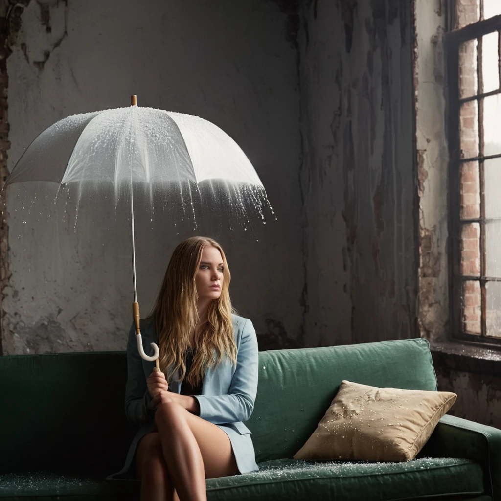 cinematic film still of  Juxtaposition of a woman sitting on a couch holding an umbrella with foamy cloud rain above,1girl,solo,long hair,blonde hair,sitting,indoors,window,umbrella,couch,rain,realistic,ruins Juxtaposition,artistic,photography,dramatic light,dramatic shadow light,contrast,saturated color,cinematic,filmic,photographic,realistic,realism,perfection,perfect,Juxtaposed,opposite,different things,side by side,syncretism,antithesis,Juxtaposition style,ruins , creative, photorealism, hyperrealism, Fine art photography style, Fine art cinematic photography style, shallow depth of field, vignette, highly detailed, high budget, bokeh, cinemascope, moody, epic, gorgeous, film grain, grainy