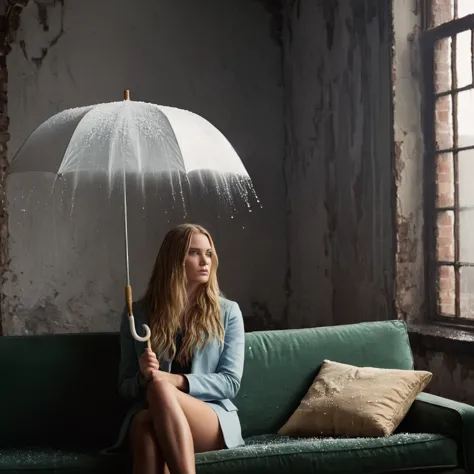 cinematic film still of  Juxtaposition of a woman sitting on a couch holding an umbrella with foamy cloud rain above,1girl,solo,...