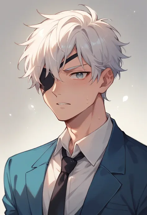 Boy with short, straight white hair, he has ice-colored eyes and wears a white eye patch on his left eye.. Make Him Wear a White...