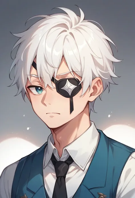 Boy with short, straight white hair, he has ice-colored eyes and wears a white eye patch on his left eye.. Make Him Wear a White...