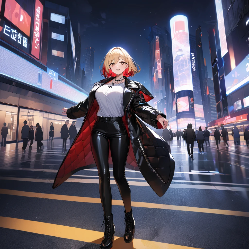 A woman wearing an open black leather jacket, white shirt with iron cross symbol, iron cross necklace around her neck, short hair, blonde hair, red bangs, multicolored hair, brown eyes, smiling, big breasts, black pants, black boots in leather, standing posture, walking on a sidewalk in a big city, background modern building, night place, lighting with colors, orange, blue and red, blurred background..UHD , prime work , accurate , anatomically correct , textured skin , super details , high quality , best quality, 8k, high resolution, bokeh effect. (woman solo)
