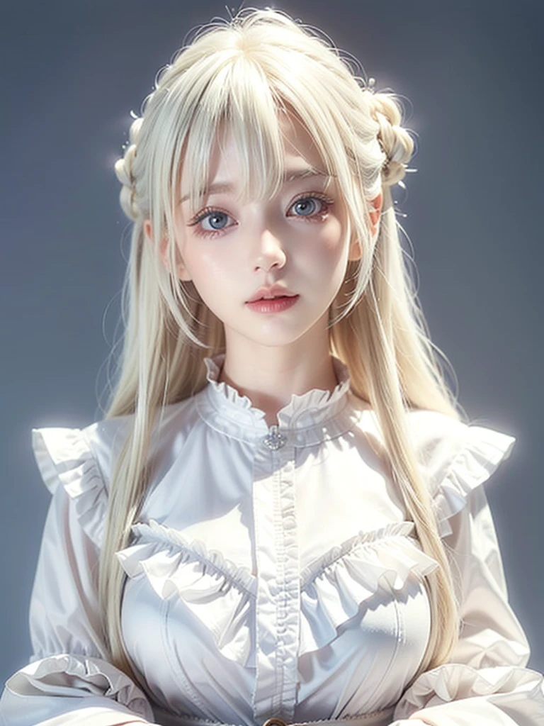 (((amount、White blonde Hair、Northern Europe、White people、beautiful girl、blonde、White Background、Blouse with collar and sleeves、Frills、Race)))、Tabletop, Highest quality, shape, Very detailed, finely, High resolution, 8k wallpaper, Perfect dynamic composition, finelyて美しい目, Deco Out,blonde, Medium Hair, Super big breasts, Natural color lip,White Background, Random cute poses,Frillsドレス