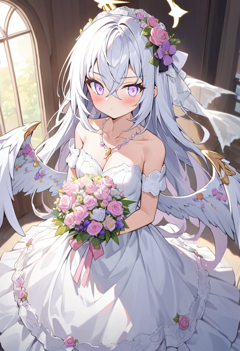 azusa \(blue archive\),AddXL, 1girl 1other alternate_costume angel_wings bare_shoulders blush bouquet breasts bridal_veil bride cleavage closed_mouth collarbone dress feathered_wings flower hair_between_eyes halo holding holding_bouquet jewelry long_hair looking_at_viewer small_breasts necklace out_of_frame pink_flower pink_rose pov pov_hands purple_eyes rose solo_focus strapless strapless_dress veil very_long_hair wedding_dress white_dress white_flower white_hair white_rose white_wings wings