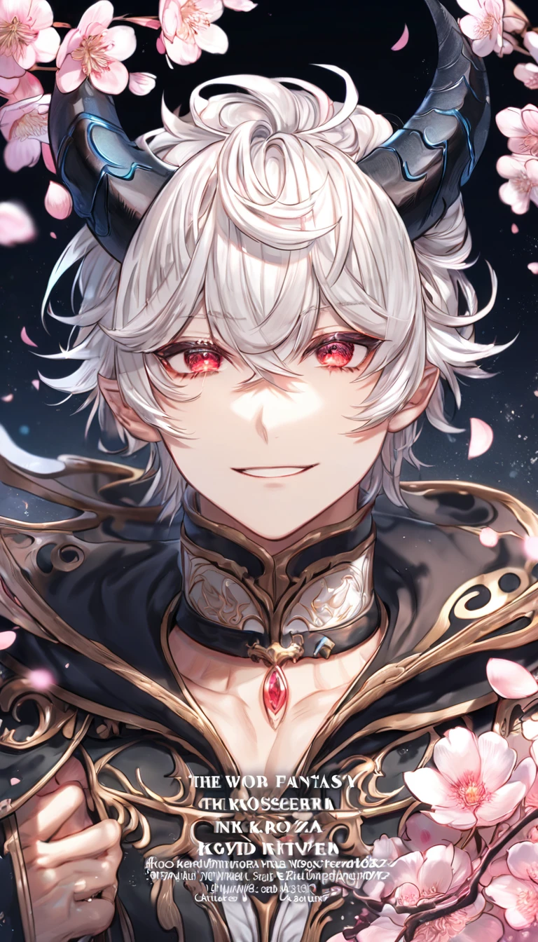 Ultra detailed, highres, absurdres, HDR, master piece, Krozseria, messy white hair, expressive red eyes, Demon Fantasy, pink petals, pink flowers, black cape, sexy man, solo, best quality, blossoms, blue shining fireflies, handsome smile, black horns, the word "Krozseria" is written on his shirt, fantasy, black horns, black gloves