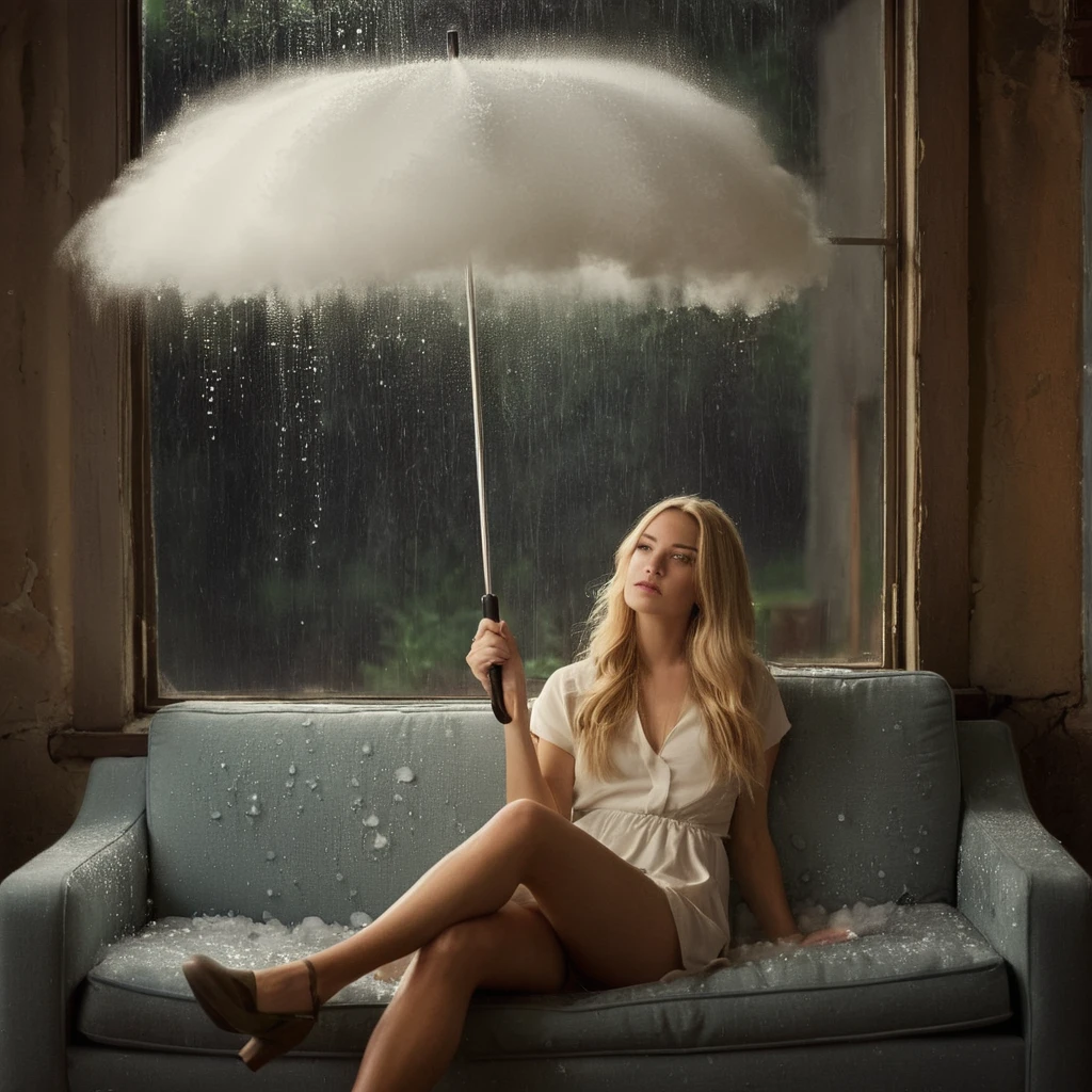 cinematic film still of  Juxtaposition of a woman sitting on a couch holding an umbrella with foamy cloud rain above,1girl,solo,long hair,blonde hair,sitting,indoors,window,umbrella,couch,rain,realistic,ruins Juxtaposition,artistic,photography,dramatic light,dramatic shadow light,contrast,saturated color,cinematic,filmic,photographic,realistic,realism,perfection,perfect,Juxtaposed,opposite,different things,side by side,syncretism,antithesis,Juxtaposition style,ruins , creative, photorealism, hyperrealism, Fine art photography style, Fine art cinematic photography style, shallow depth of field, vignette, highly detailed, high budget, bokeh, cinemascope, moody, epic, gorgeous, film grain, grainy