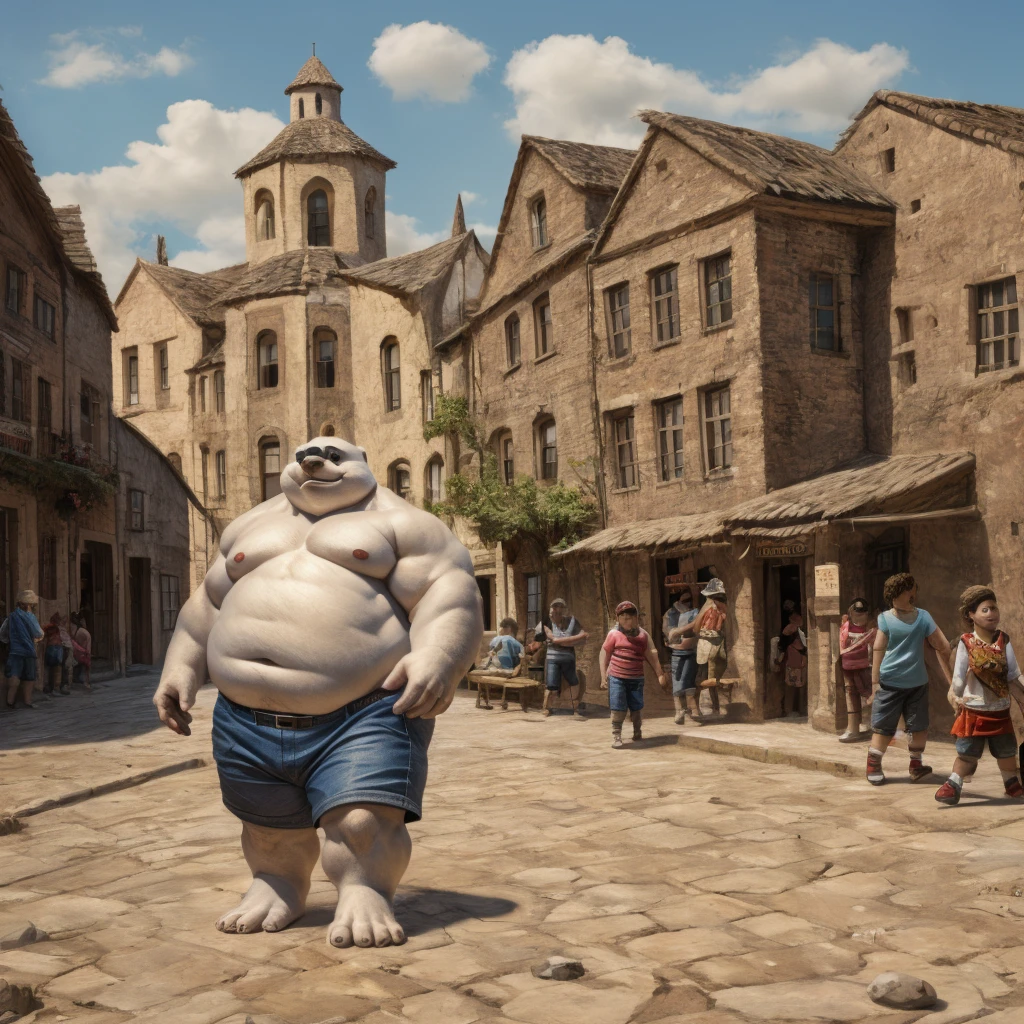 CHILD,  chubby，shirtless， alone， detailed， high resolution，， Masterpiece，Obesity in the extremities.，Over weight，Peter Junior，people,  traveling through the town,   heroe del pueblo