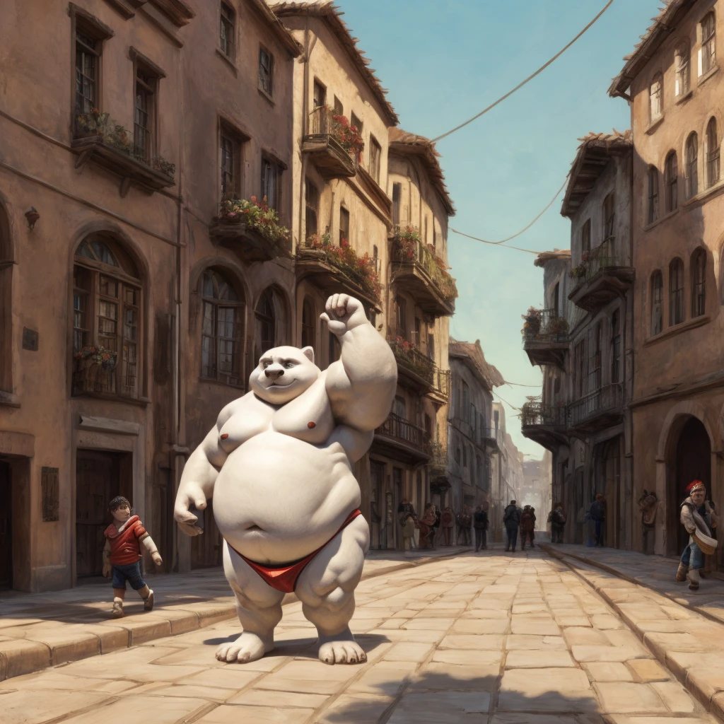 CHILD,  chubby，shirtless， alone， detailed， high resolution，， Masterpiece，Obesity in the extremities.，Over weight，Peter Junior，people,  traveling through the town,   heroe del pueblo