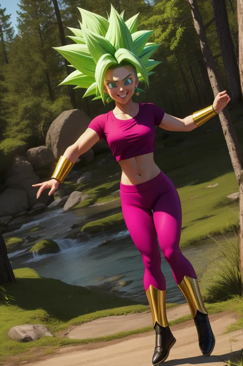 keflassj, 1girl, solo, aqua eyes, green hair, spiked hair, super saiyan, super saiyan 1, green earrings,
midriff, pink top, shor...