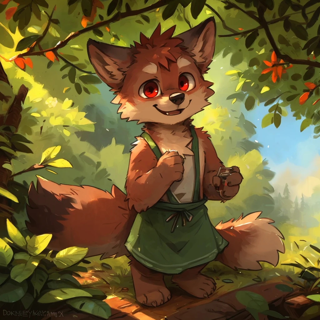by kenket, by takemoto, (by donkeyramen, by silverfox5213), (by @yama_wolfsoul), red eyed fox boy furry, detailed and extremely fluffy body fur, fluff, masterpiece, looking up beautiful surroundings, detailed background, happy, leaf-dress, full body