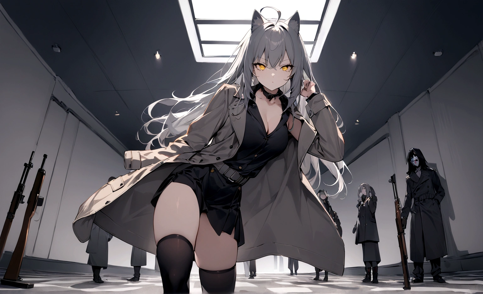 Pitch-dark room、Dark Room、conference room、(masterpiece, best quality:1.2), 1girl, 独奏,Black military uniform、Gray cat ears、Point your gun at us、Grey long hair、Ahoge、Yellow Eyes、Grey trench coat、Gray cat ears、I took off my hoodie and put it on my shoulder、Ready your gun?、sniper rifle、Background of military bases、Fisheye Lens、battlefield、Shadows of light and darkness、Expressionless、Grim face、battle、Gray trench coat、Black knee socks、Cleavage、Black collar,