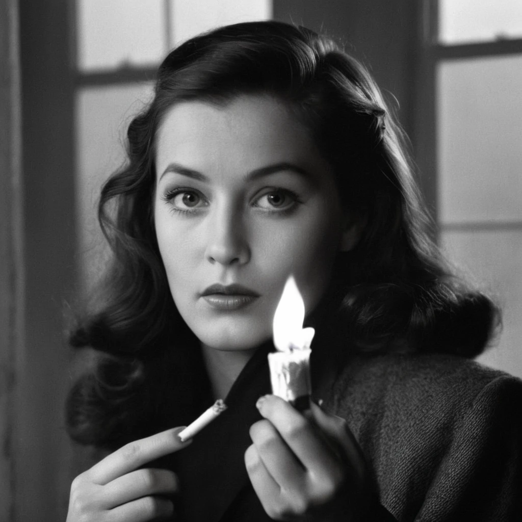 Film noir style,  a woman holding a lighter in her hand staring at camera, cinematic,film,Hollywood,crime,drama,dramatic,dramatic light,low light,dim light,low-key light,shadow,partially covered in shadow,window light,dark light,cynical,1940s,1950s,classic,vintage,retro,visual style,realistic,film still,black film,night light,blue hour,motion picture,filmmaking style,neorealism,classic film noir style,1girl,solo,long brown hair,looking at viewer,holding,monochrome,upper body,greyscale,lips,mouth hold,fire,cigarette,candle,dark,flame,lighter, Monochrome, high contrast, dramatic shadows, 1940s style, mysterious, cinematic