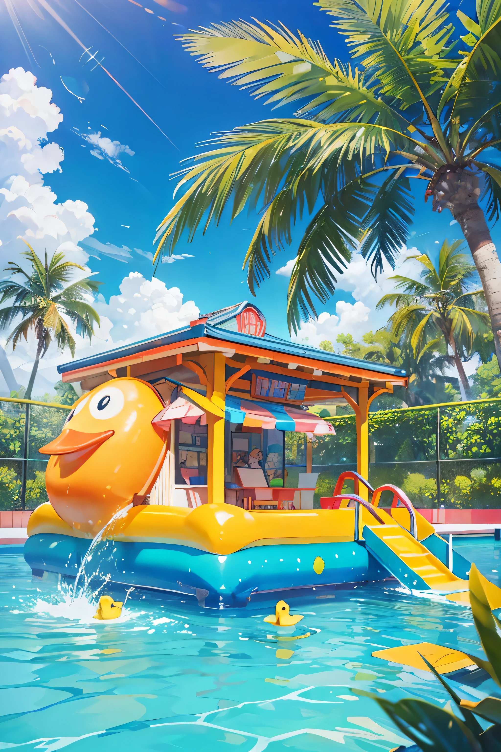 "3Dian-style Masterpiece: A Vibrant, Playful Outdoor Scene - In a sun-drenched, azure sky day, a cartoon-styled swimming pool filled with sparkling water and colorful inflatable swim rings is the center of attention. A yellow duck float bobbing merrily adds to the summer vibe. Nearby, a lively, colorful ice cream stand offers a variety of sweet treats. The scene is set amidst lush grass, palm trees, and daisies, their vibrant hues enriching the overall design. Not a human is present, only the delightful companionship of nature. This digital rendering, with its sunny, palm