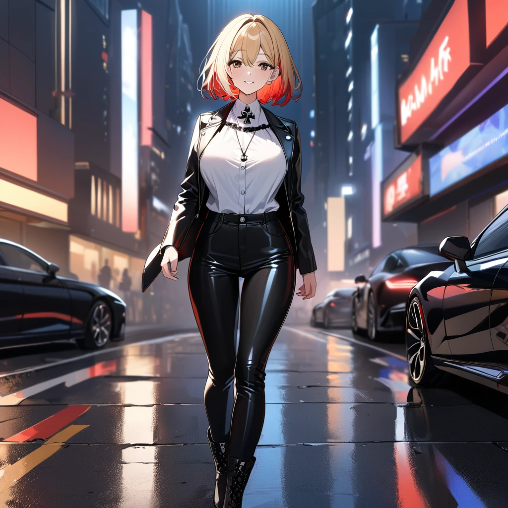 A woman wearing an open black leather jacket, white shirt with iron cross symbol, iron cross necklace on her neck, short hair, blonde hair, red bangs, multicolored hair, brown eyes, smiling, black barrette in her hair, large breasts, black pants, black leather boots, standing, walking on a sidewalk in a big city, modern building in the background, a black luxury car next to it, night place, lighting with colors, orange, blue and red, blurred background ..UHD , prime work , accurate , anatomically correct , textured skin , super details , high quality , best quality, 8k, high resolution, bokeh effect. (woman solo)
