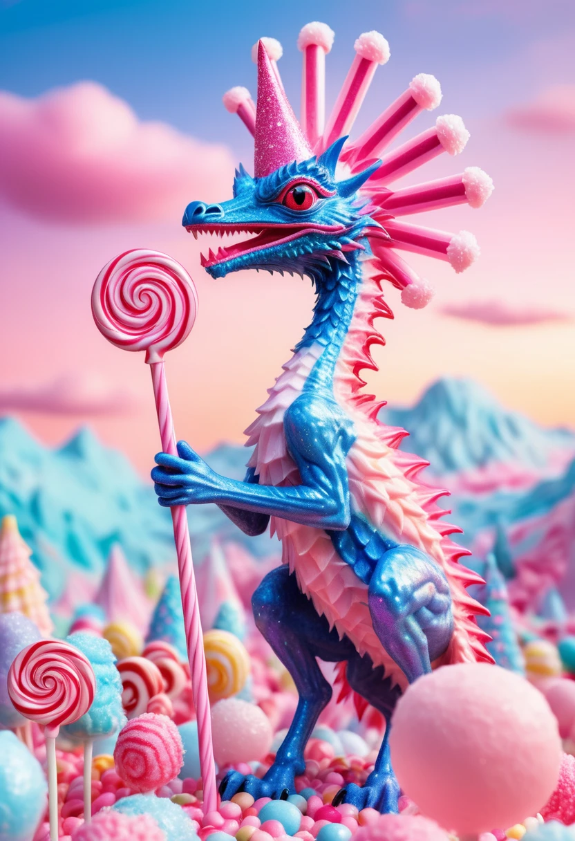 A dreamlike scene featuring a (pink Dilophosaurus) as the protector of a mystical dreamland. Its scales are a soft, pastel pink, and its frills are decorated with swirling patterns of light. The landscape is surreal, with floating islands, cascading waterfalls, and luminescent flowers. The sky is filled with twinkling stars and glowing moons of different colors. The Dilophosaurus stands at the entrance of a grand, ancient temple, exuding an aura of calm and protection. Highly detailed, vibrant colors, fantastical elements, serene atmosphere.
