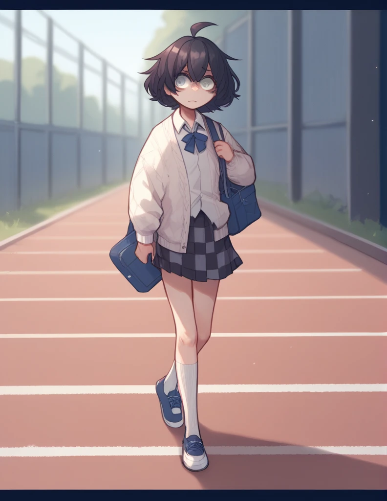 1 girl, alone, ppka, black fur, short hair, messy fur, Ahoge, parts, parts all over the body, grey eyes, blind eyes, kind eyes, very nervous, looking at the viewer,
mini skirt, Checkered mini skirt, Checkered mini skirt azules grises y blancos, japanese bag, blue bag, school blouse, A white blouse, white cardigan with blue accessories, bow on the neck, White monkey, Long socks, White socks, leg warmer, white tennis shoes,
walking, walking, going to school