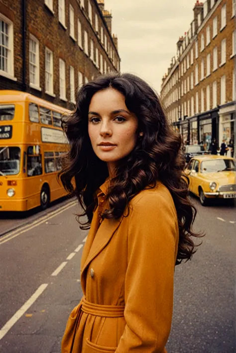 polaroid photo of a woman with a vintage 70s aesthetic, black wavy hair, warm tones, faded colors, nostalgic feel, candid pose, ...