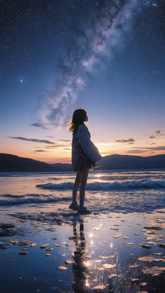 Estampa de linóleo de um adolescente refletido na água sob um céu estrelado，Meteoro，vivaz，colorida，textura，Padrão