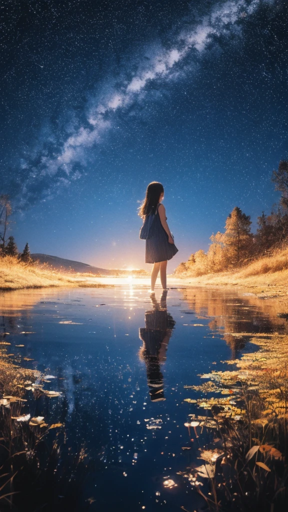 Linoleum print of a teenager reflected in water under a starry sky，meteor，Lively，colorful，texture，pattern