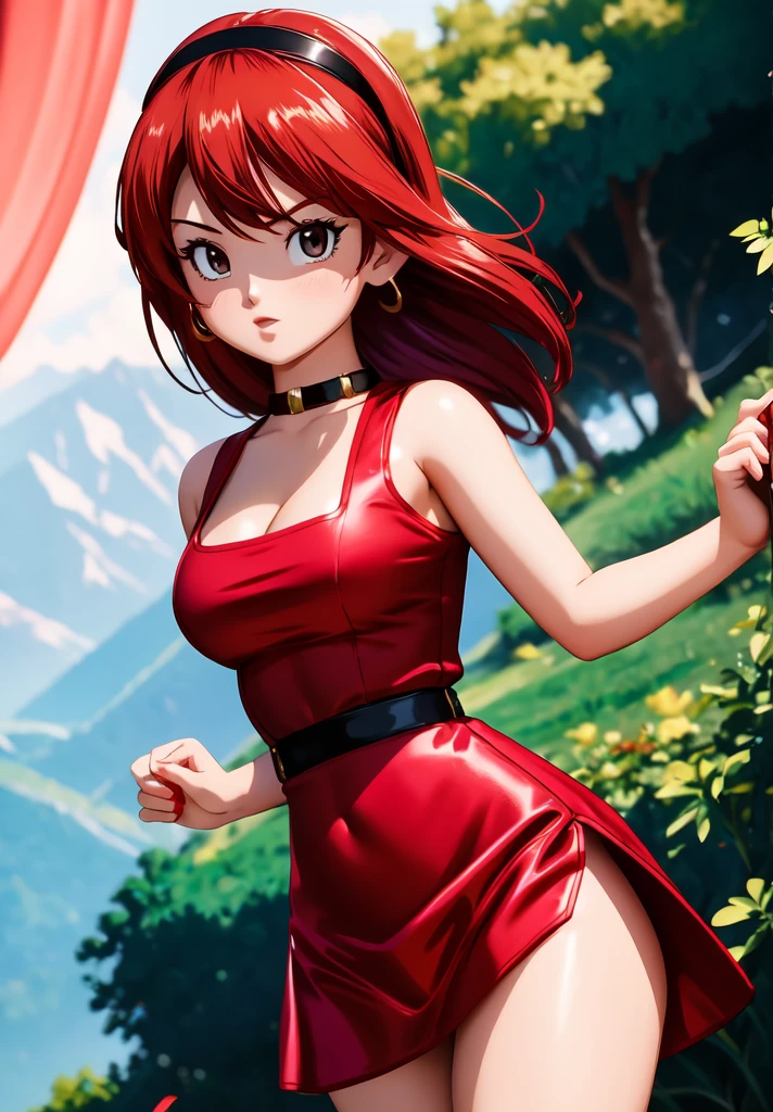 (Photo:1.3), highdetail, Bulla, 1girl, solo, red headband, red dress, (acclaimed, alluring, captivating, exciting, gorgeous, striking:1.3), (trending on artstation:1.3)