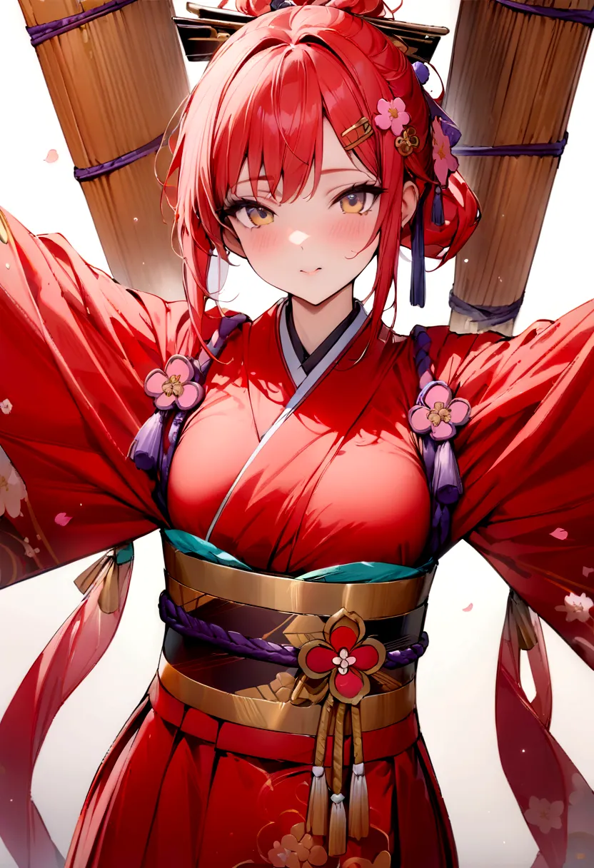 (masterpiece, best quality:1.2), white background、long red hair tied up、japanese style、white background、red kimono、with arms out...