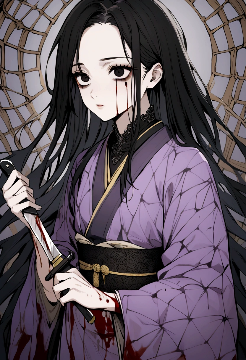 adolescent, black hair one black eye and the other yellow, kimono all torn with a very faint purple color, spiders with blood on their bodies holding a knife with blood