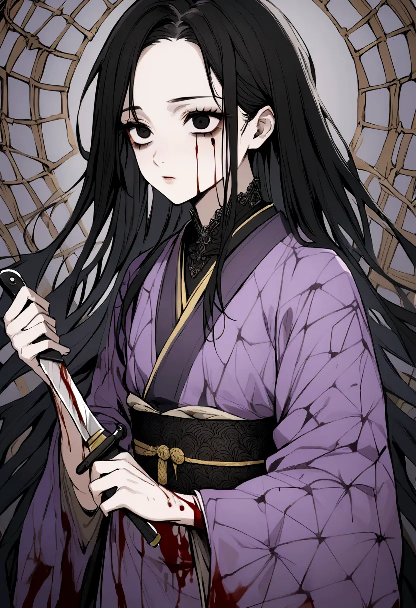 adolescent, black hair one black eye and the other yellow, kimono all torn with a very faint purple color, spiders with blood on...