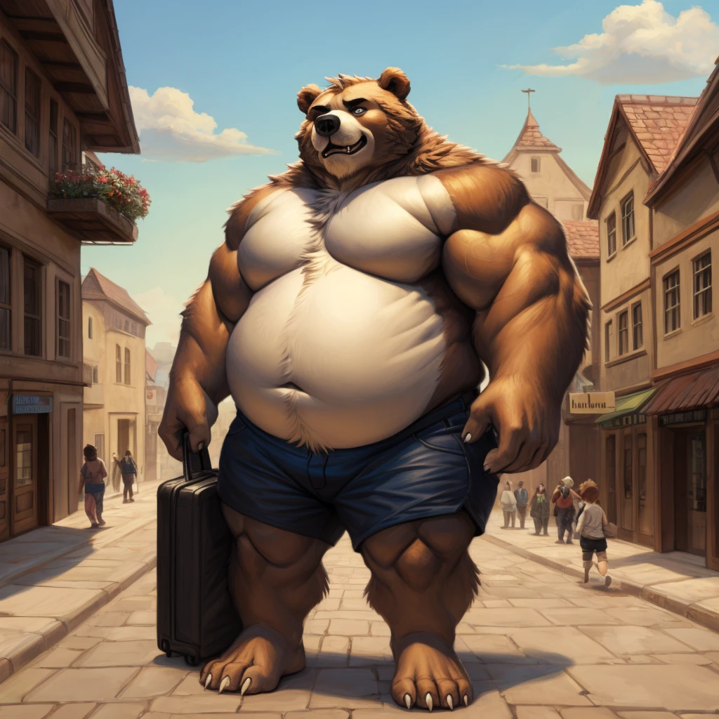 huge bear,  chubby，shirtless， alone， detailed， high resolution，， Masterpiece，Obesity in the extremities.，Over weight，Peter Junior，people,  traveling through the town,  Boy hero of the people