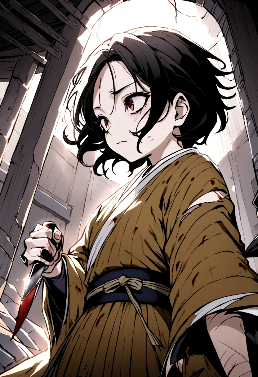 teen ager, Bblack hair, one eye black and the other yellow, kimono all torn and very faint purple in color, body scratches and bleeding, and holding a knife