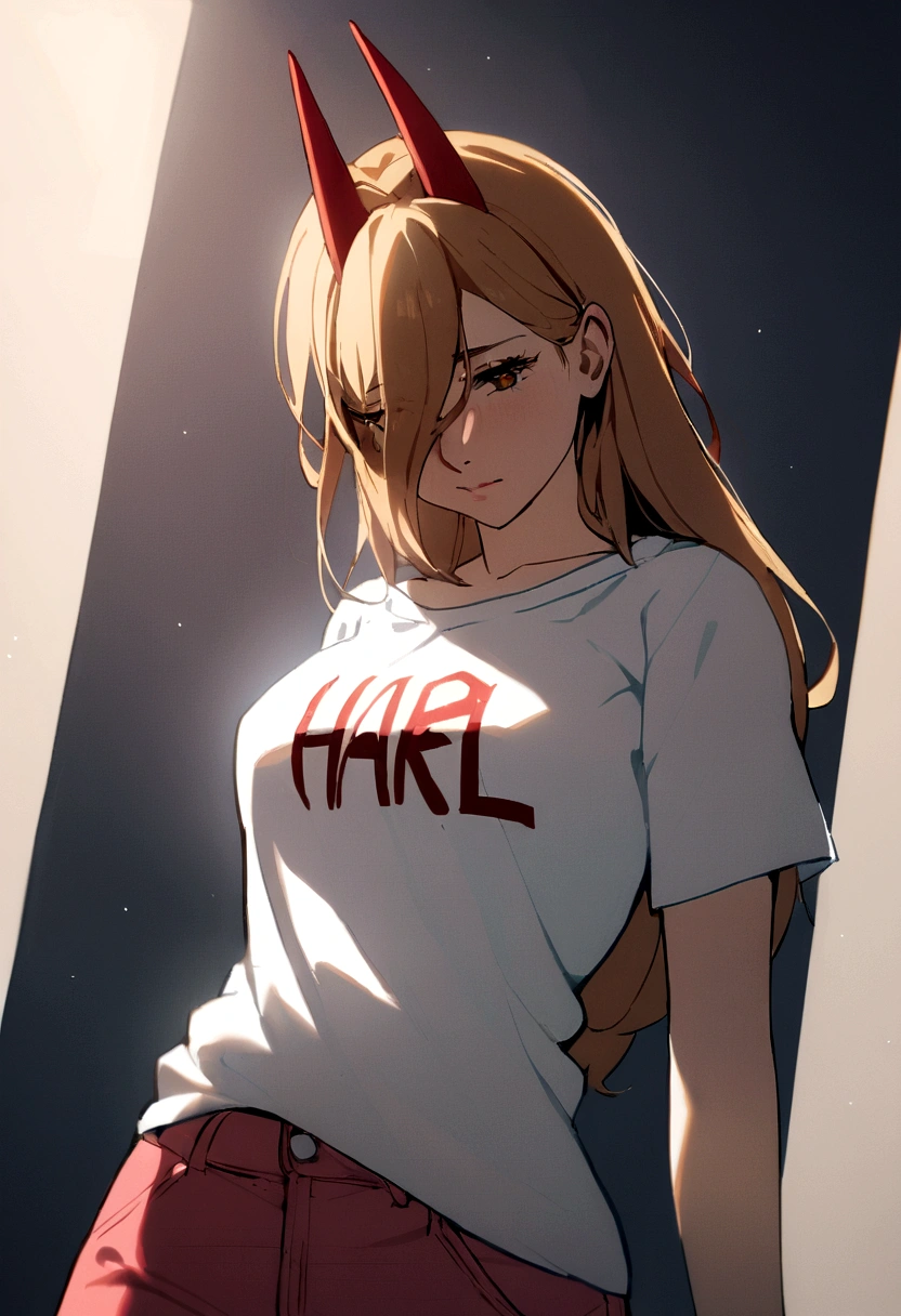 1 girl, wearing a sexy shirt,written the name Harl ,in the middle of the shirt.