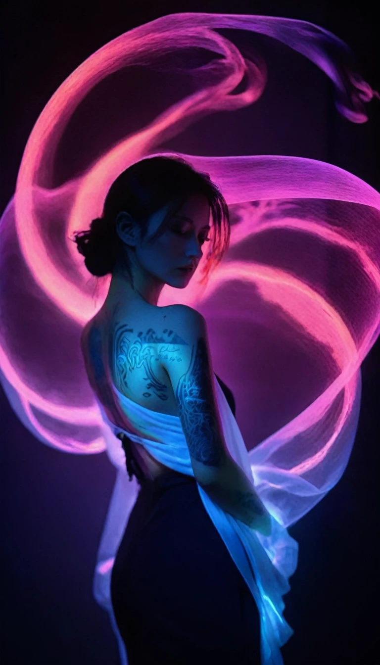 Double Exposure Style,Volumetric Lighting,a girl (Supermodel) with Wrap top,arching her back, beautiful tattoo (neon light), Traditional Attire,Artistic Calligraphy and Ink,light depth,dramatic atmospheric lighting,Volumetric Lighting,double image ghost effect,image combination,double exposure style,