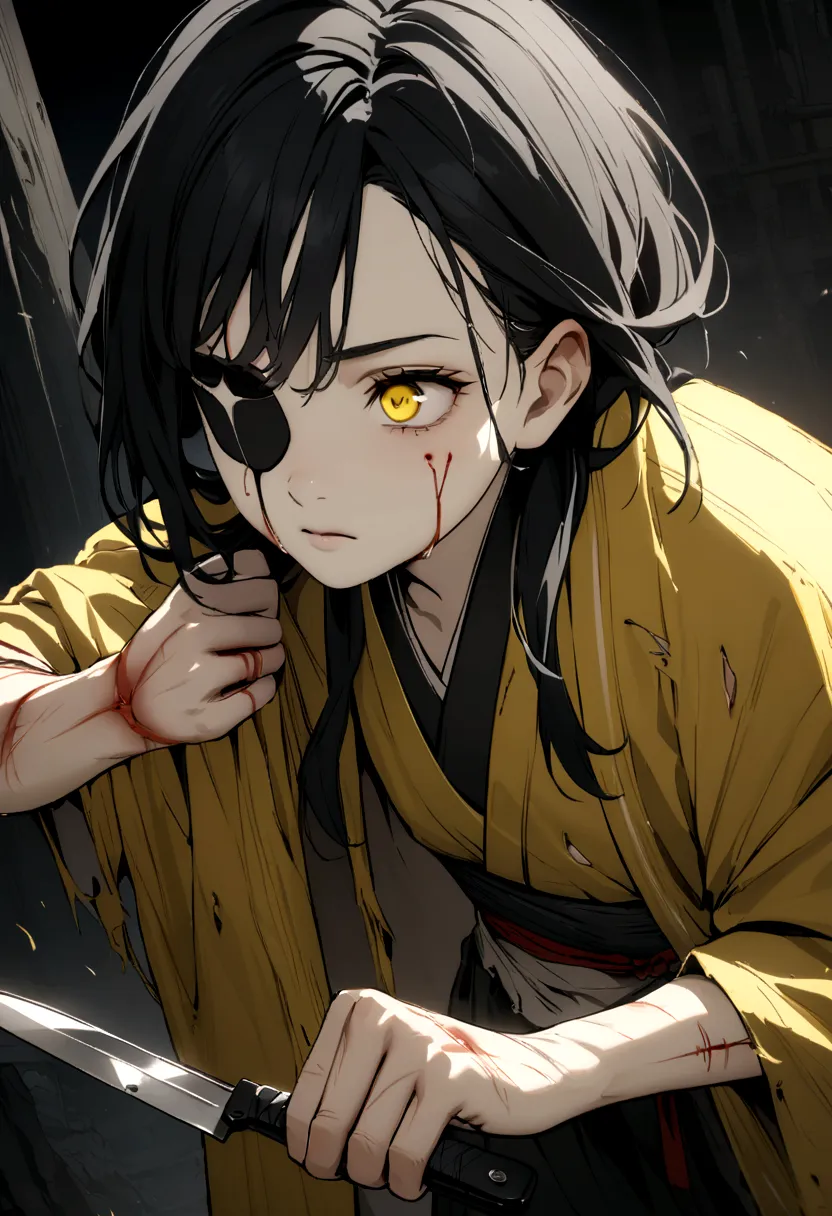 adolescent, bblack hair, one eye black and the other yellow, kimono all torn and very pale yellow in color, body scratches and b...