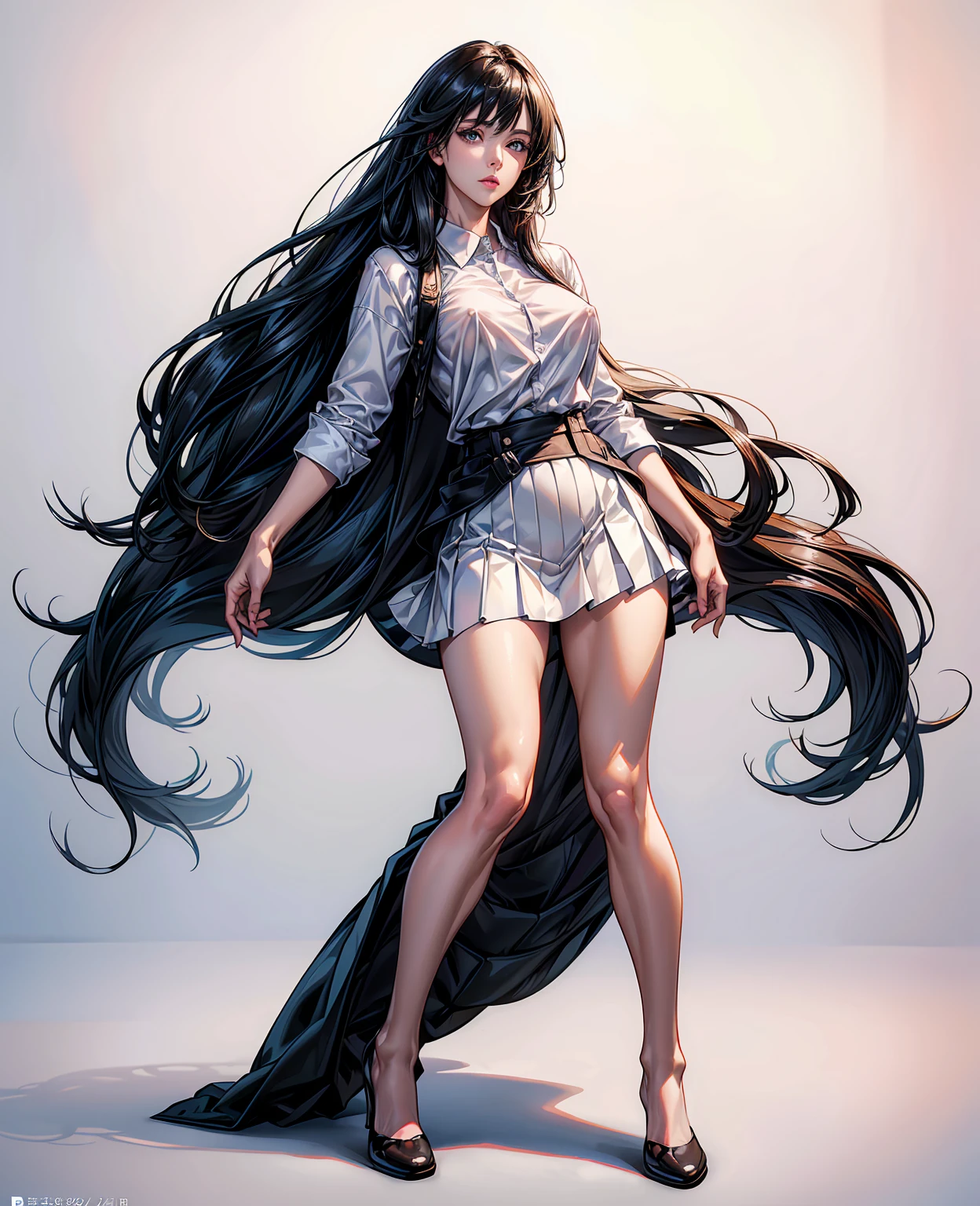 Nipples, visible from a white shirt (((masterpiece, highest quality)), no panties, 1 girl, (photorealistic: 1.4), solo, white background, black hair, long hair, absolute area, skirt, ((full body)),  