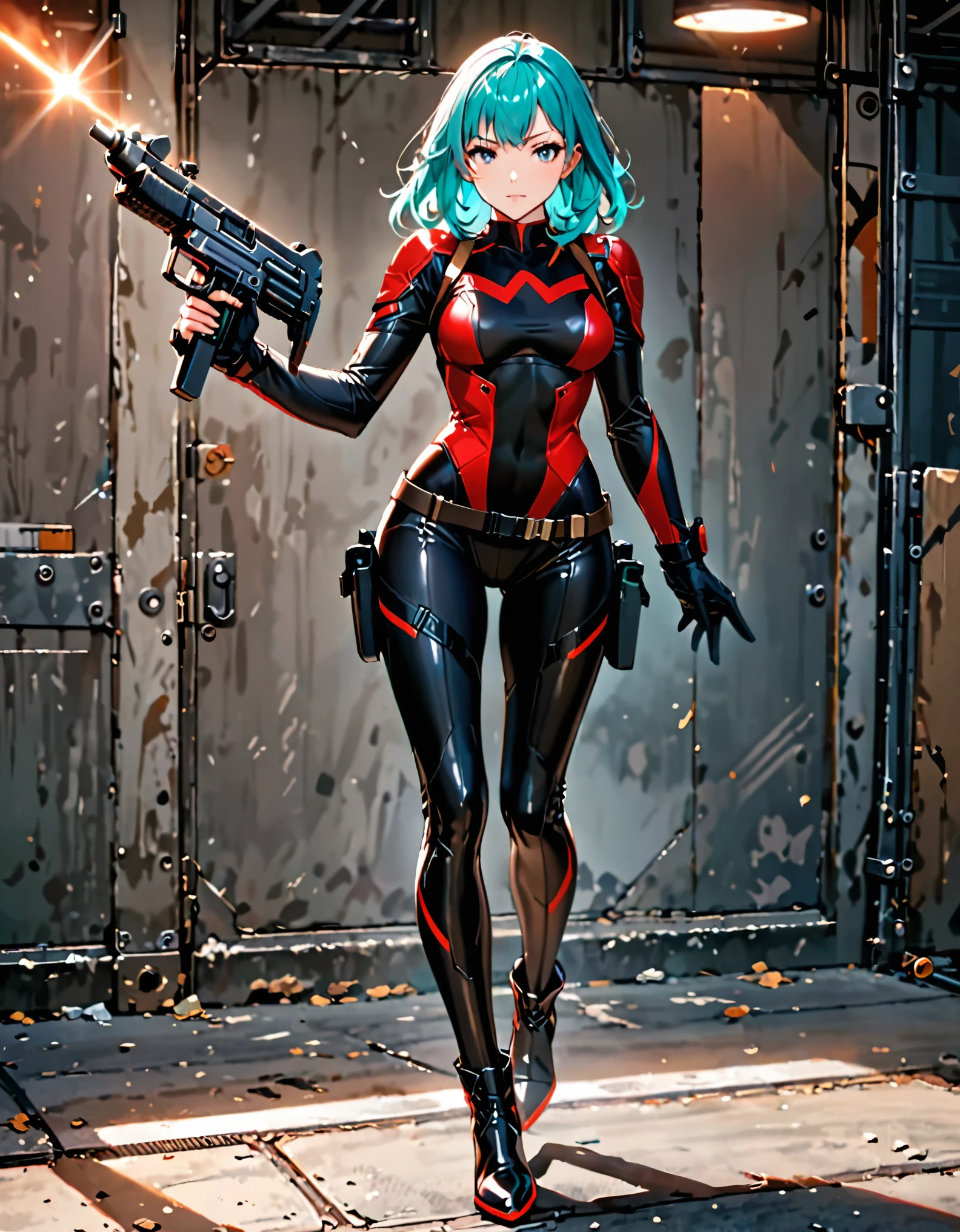 masterpiece, highly detailed, best quality, high quality, 1girl, (solo, solo focus), grey eyes, beautiful detailed eyes, beautiful detailed face, (perfect hands, complete fingers), perfect anatomy, perfect proportions, long aqua hair, (holding uzi), detailed shadows, detailed light, (black skintight bodysuit, (red leotard), shoulder holster), (full black pantyhose, skintight black leggings, perfect fit), matching boots, full body, serious, full body costume design