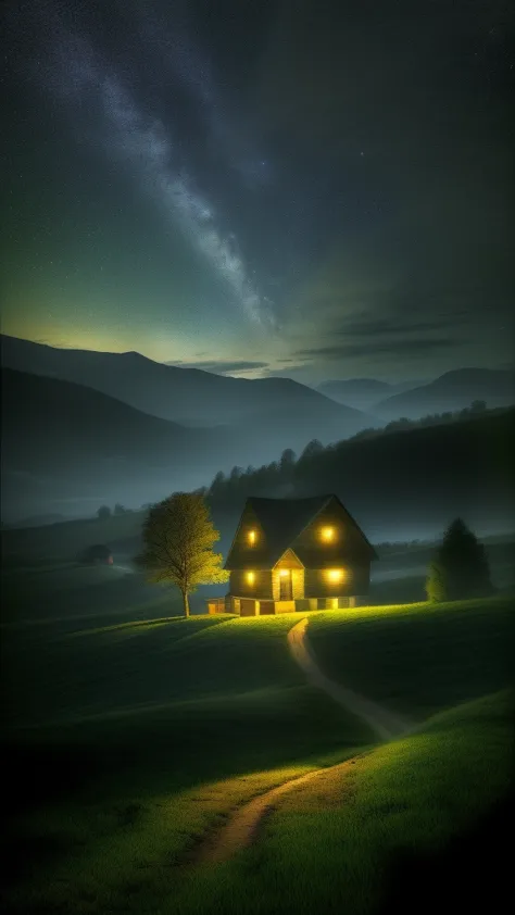 Night view of a small house in the field, wood and, night village backgrounds, Magical atmosphere in the moonlight at night, Nig...