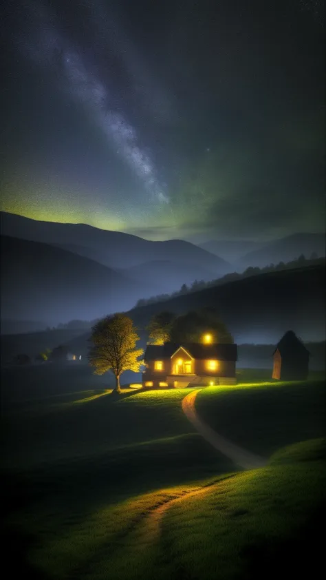 Night view of a small house in the field, wood and, night village backgrounds, Magical atmosphere in the moonlight at night, Nig...