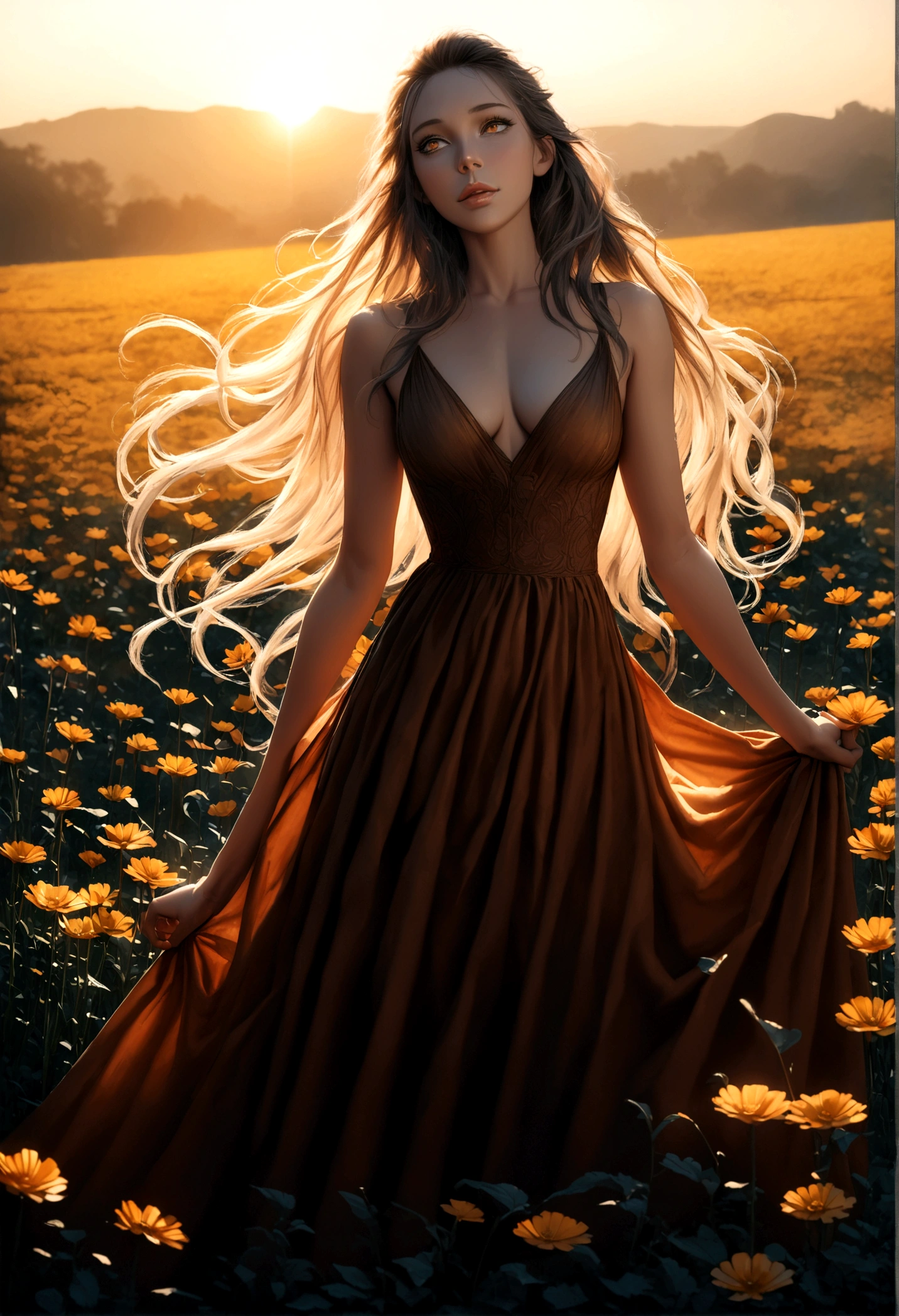 (realistic ultra details), lumino, a woman standing in a field of flowers, beautiful detailed eyes, beautiful detailed lips, extremely detailed face, long eyelashes, romantic expression, elegant long dress, flowing hair, soft lighting, natural landscape, golden hour, warm color tones, photorealistic, 8k, masterpiece