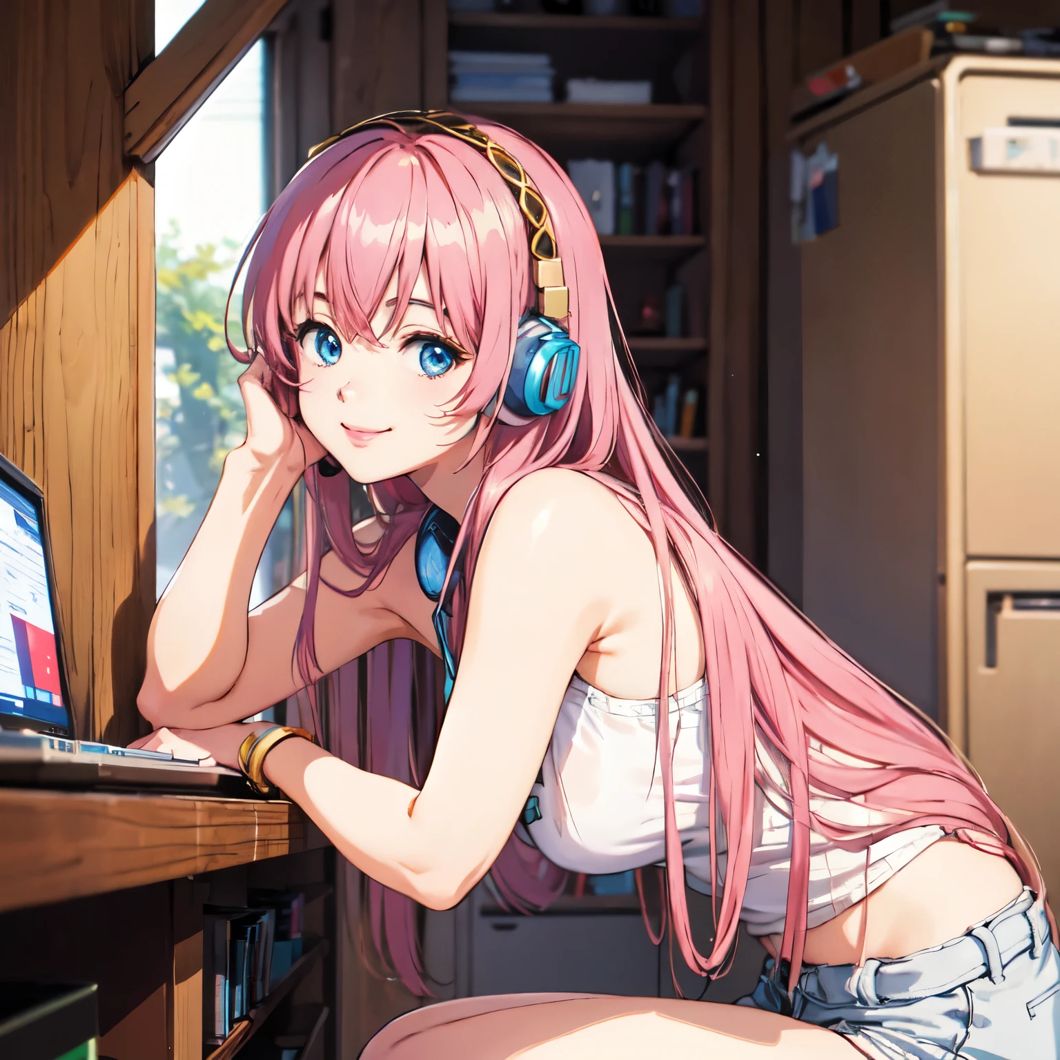 megurina luka, sorriso, Veja seus espectadores, fones de ouvido