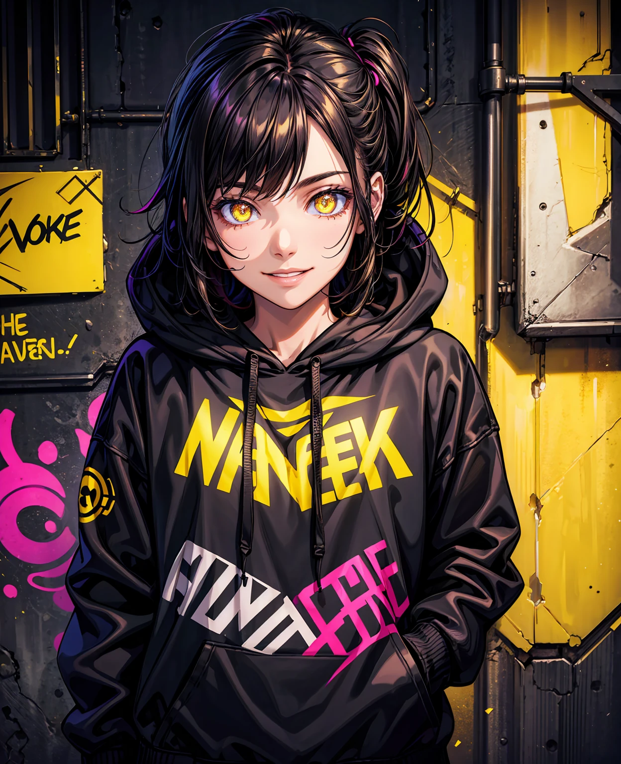 detailed background, masterpiece, best quality, smile, ornament, hoodie, portrait, yellow neon, graffiti, dark, night, glowing eyes, blacklight