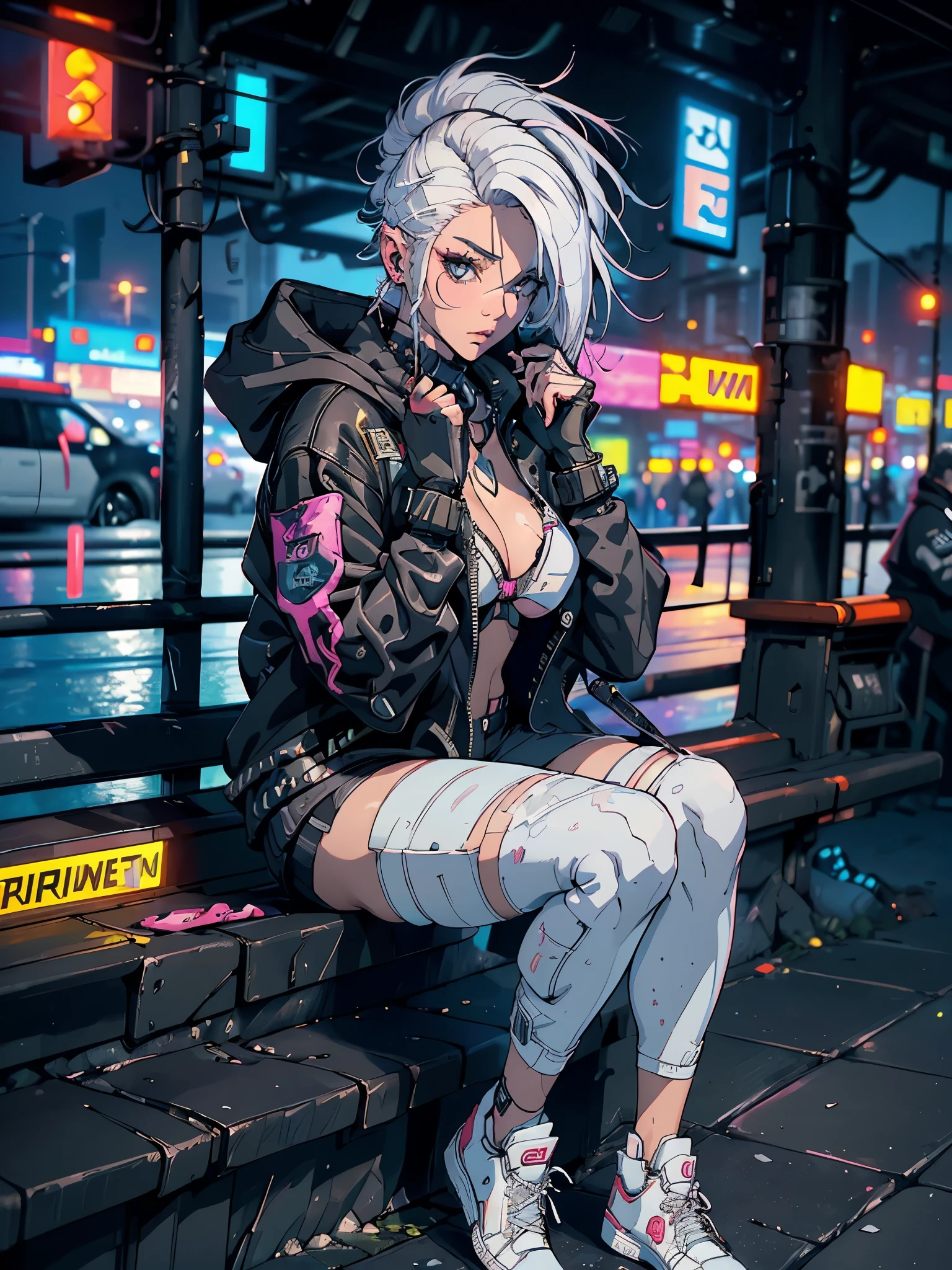 profile pic, a woman in a pink bikini and black jacket sitting on the handrail of the pier bridge, (((ela esta de perfil de jaqueta preta e bikini rosa, white  hair, White sneakers))), perfil, bikini, sutia bikini, calcinha bikini, looking at the horizon to your left, Tuuli, sunset, twilight, cyberpunk art style, cyberpunk 2 0 years. oh model girl, hyper-realistic cyberpunk style, cyberpunk vibes, cyberpunk style ， hyper realist, beautiful cyberpunk girl, cyberpunk art ultrarealistic 8k, cyberpunk girl, cyberpunk art, female cyberpunk anime girl, in cyberpunk style, cyberpunk judy alvarez
