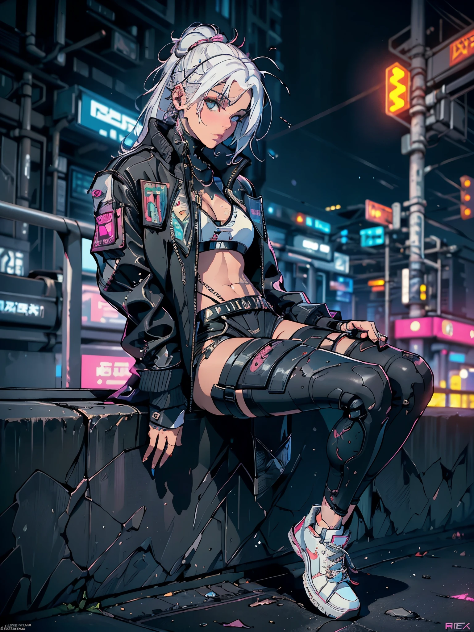 profile pic, a woman in a pink bikini and black jacket sitting on the handrail of the pier bridge, (((ela esta de perfil de jaqueta preta e bikini rosa, white  hair, White sneakers))), perfil, bikini, sutia bikini, calcinha bikini, looking at the horizon to your left, Tuuli, sunset, twilight, cyberpunk art style, cyberpunk 2 0 years. oh model girl, hyper-realistic cyberpunk style, cyberpunk vibes, cyberpunk style ， hyper realist, beautiful cyberpunk girl, cyberpunk art ultrarealistic 8k, cyberpunk girl, cyberpunk art, female cyberpunk anime girl, in cyberpunk style, cyberpunk judy alvarez
