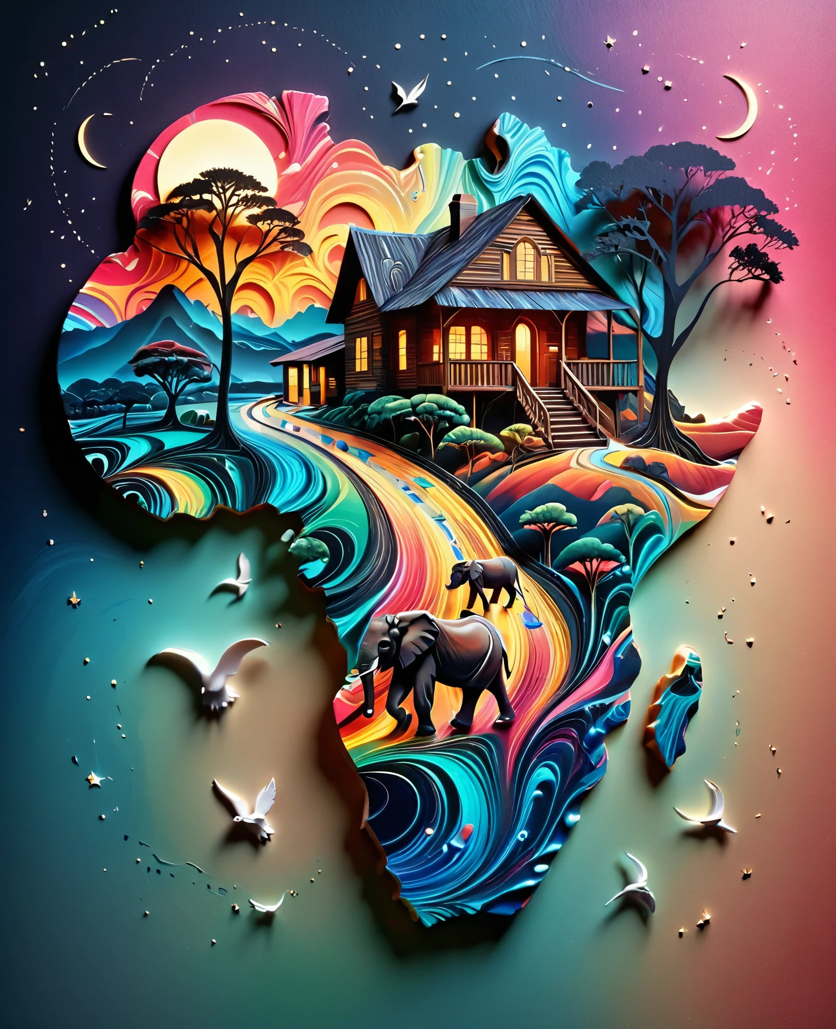 Paper cut art (((masterpiece))),best quality, illustration, African map, within African map we see a night sky, cloud, banana plantation, rivers, mountains, lions, elephants, cows, no humans, night, birds, moon, building, night sky, scenery, starry sky, grass, house, trees, waterfall, birds in the sky, African map, vibrant color scheme, Soft light,(warm color:1.2),Water color painting, light background, best quality exquisite details,3d rendering,Octane render, pastel, paper_cut of African map.